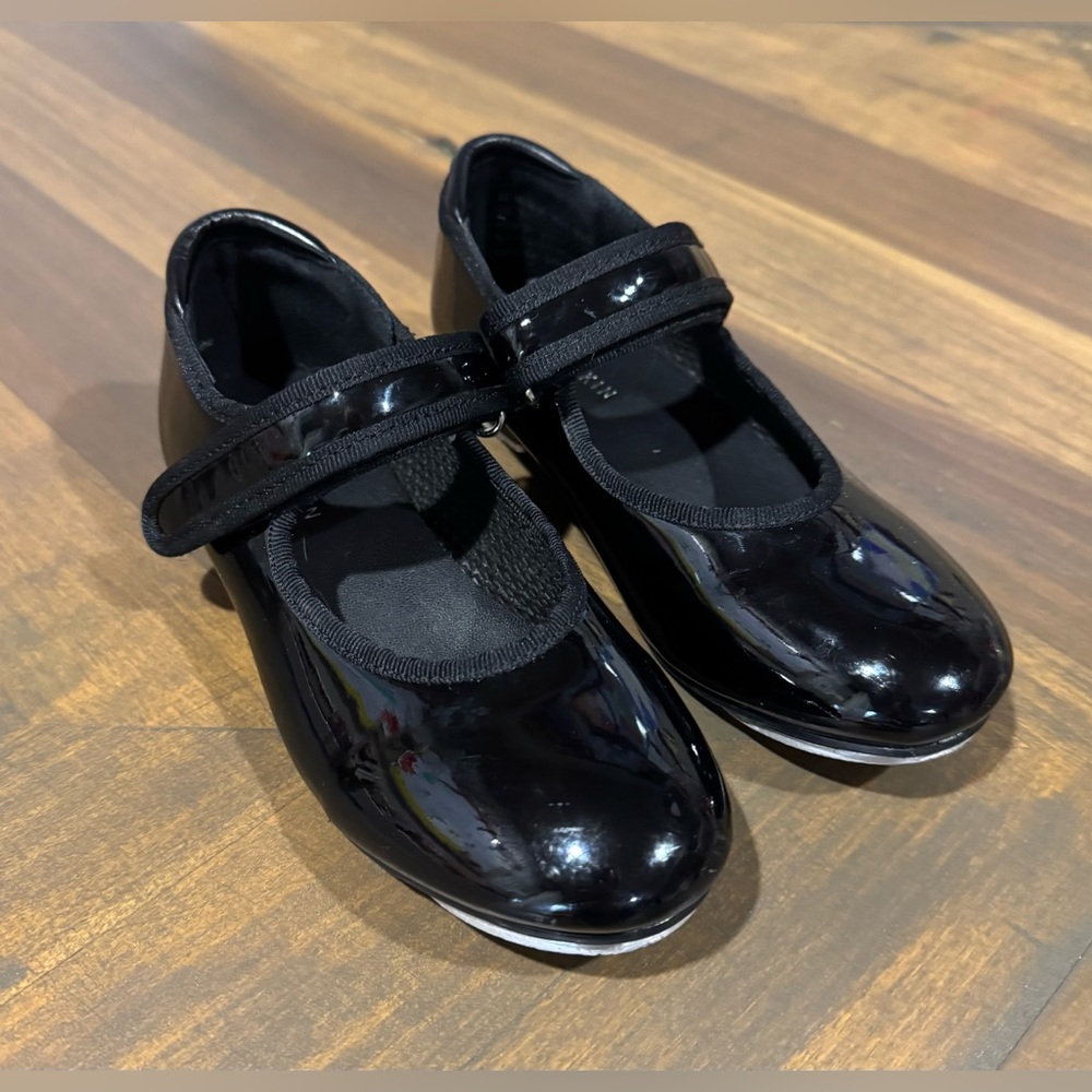 Danskin Tap Shoes Black Patent Leather Mary Jane Metal Tap Girls Sz 11